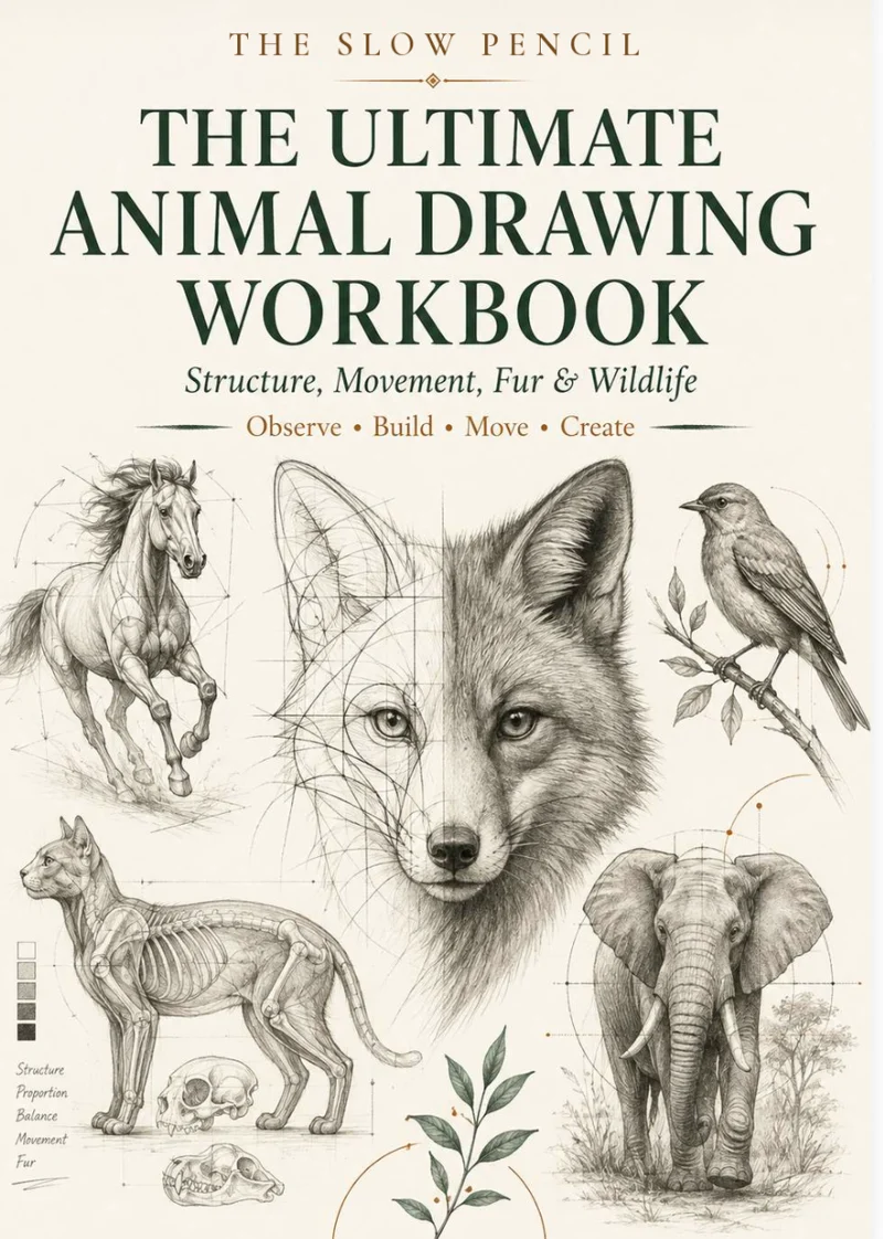 Animal Drawing Workbook cover with pencil drawings of a wolf, horse, and elephant