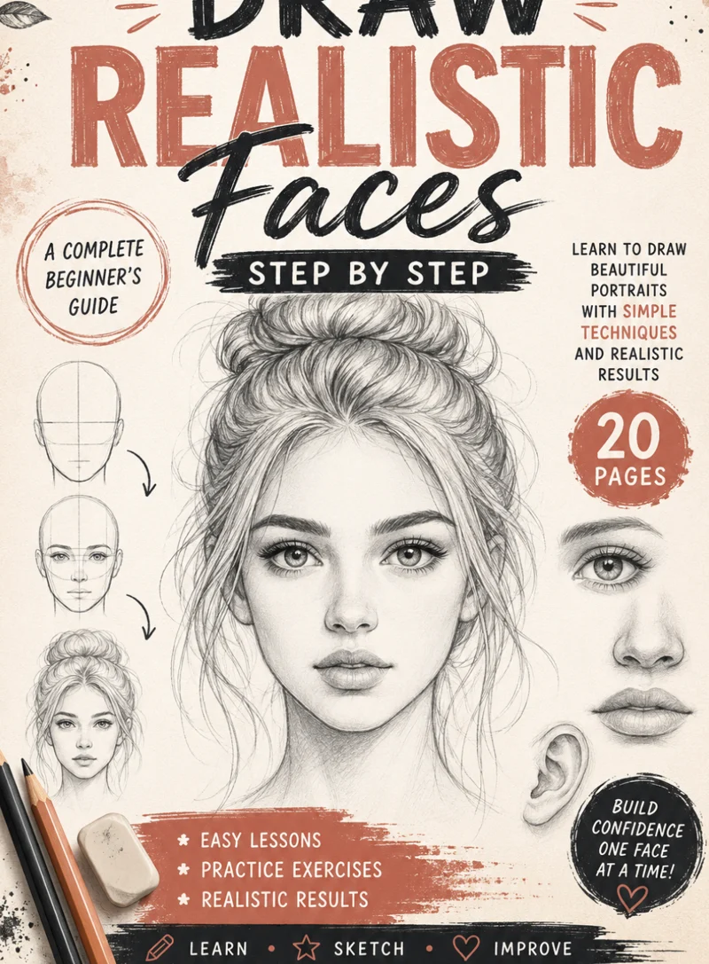 Draw Realistic Faces guide cover featuring a pencil portrait of a woman