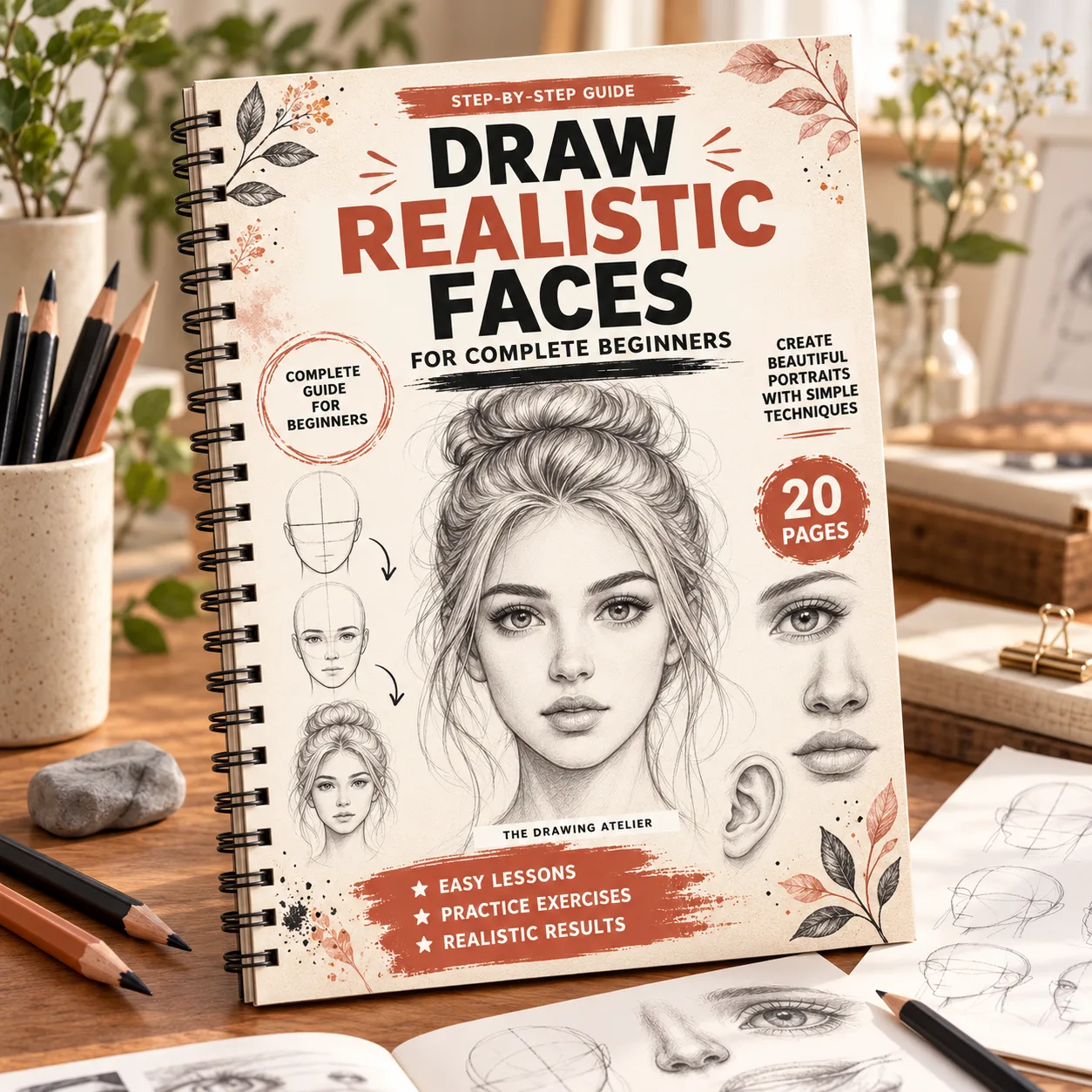 Draw Realistic Faces workbook standing on a desk, showing a pencil portrait of a woman and step-by-step face studies